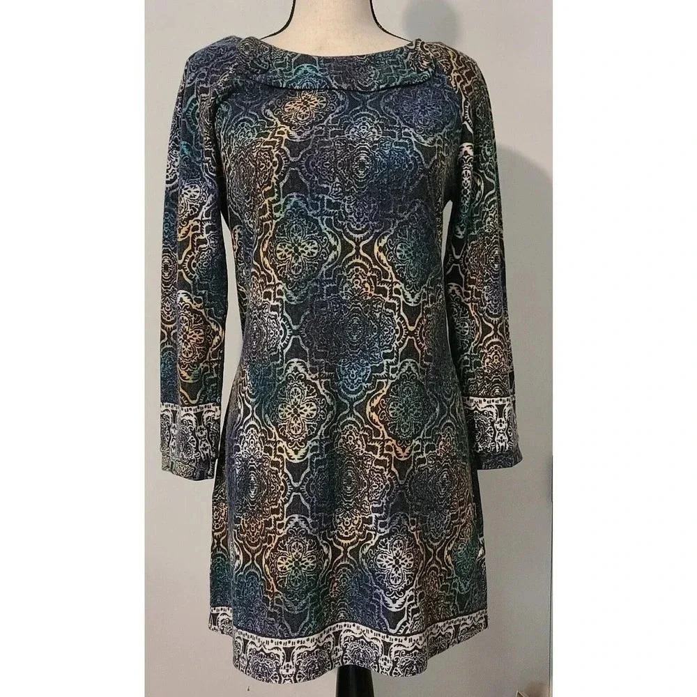 ARYEH Anthropologie PRINT FITTED Dress Knit Sz LARGE Long Sleeve Boho